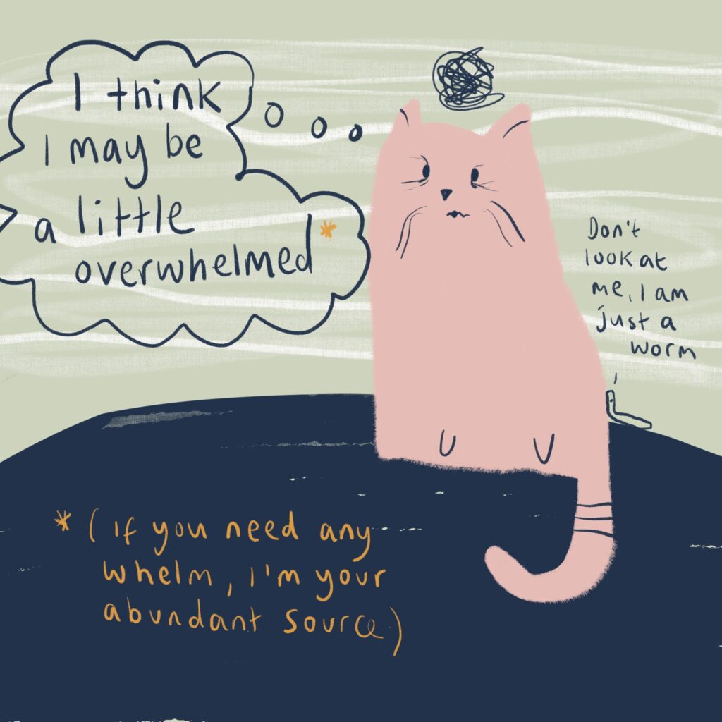sad pink cat who is overwhelmed - illustration by Joanna Bradshaw